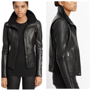 VINCE Black Funnel Neck Leather Jacket
